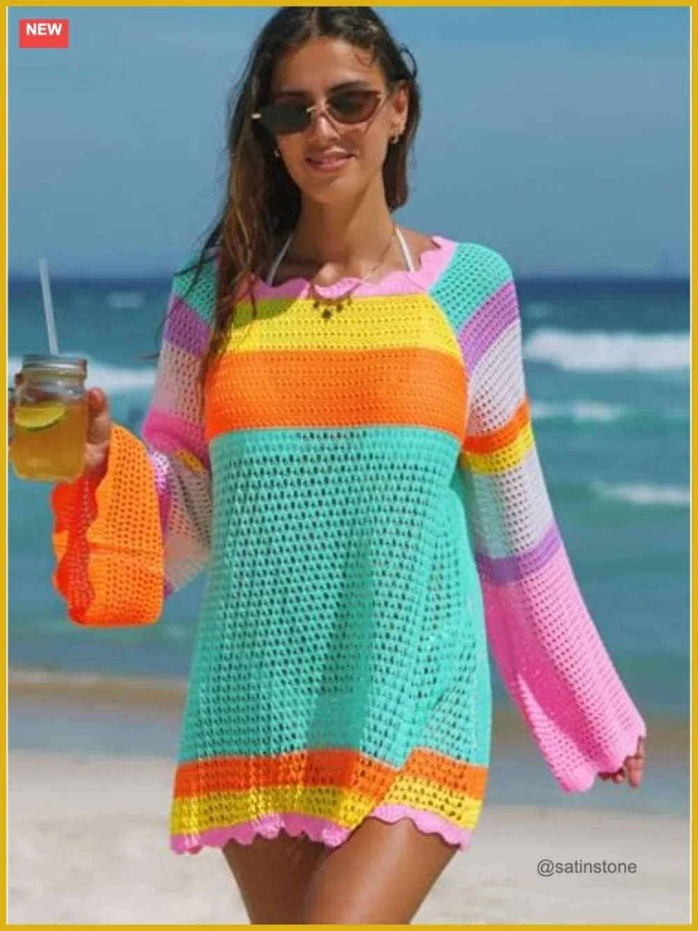 Crochet Swimsuit Cover Up Color Block Bathing Suit Coverup